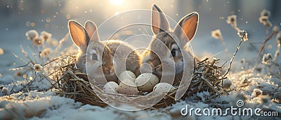 Easter Morning: Cosmic Bunnies & Moonlit Eggs. Concept Easter Morning, Cosmic Bunnies, Moonlit Eggs Stock Photo