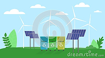 Concept Of Eco City, High-Technologies, Recycling Waste, Save Environmental. Alternative Energy Sources With Solar Vector Illustration