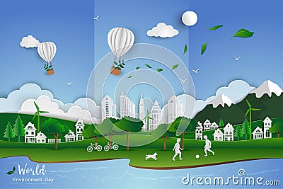 Childs playing soccer with white clean city on paper art scene abstract background,vector illustration Vector Illustration