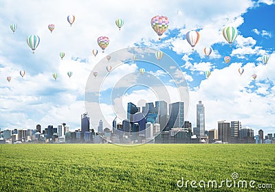 Concept of eco green life with aerostats flying above city Stock Photo