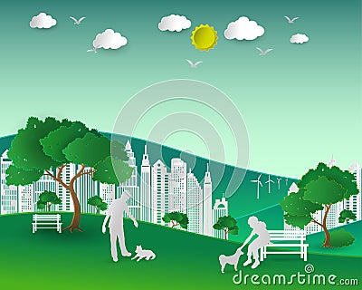 Concept of eco with nature and building,couple love dogs happy Vector Illustration