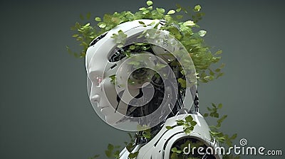 The concept of ecological technology with a humanoid robot with green leaves highlighted on a green background Stock Photo
