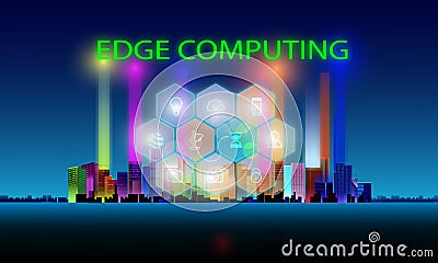 Concept of Edge computing and IOT icons on City background Stock Photo