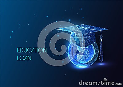 Concept of education loan with graduation cap and dollar coin symbols in futuristic style on blue Vector Illustration