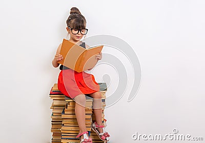 Concept of education and reading. Industrious child. Little Girl reading the book. Stock Photo