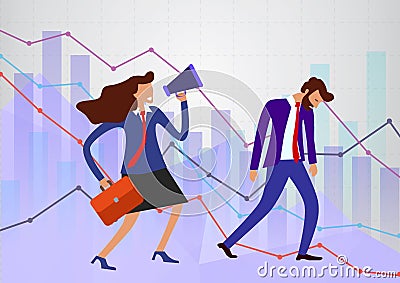 concept of effective manager shouting into megaphone when chart in fall, economy going down. drooping bearded man in a suit with a Stock Photo