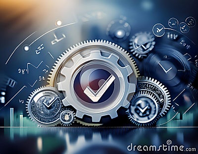Concept of efficiency and productivity, featuring elements like gears, checkmarks, and speedometers symbolizing effective Stock Photo