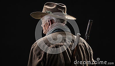 A lonely elderly person is moving away on the road into the unknown. Stock Photo