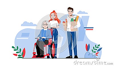 Concept Of Elderly People Help. Senior Woman In Wheelchair With Caring Volunteers Outdoor. Young People Take Care Of Vector Illustration