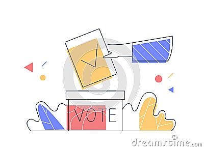 Concept of election, voting, democracy. Hand of voter throwing paper with check mark into ballot box Vector Illustration