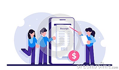 Concept of electronic invoice. Digital bill for mobile internet banking. Online transaction via smartphone. Modern flat Vector Illustration