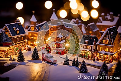 Enchanting Christmas Village Sets A Miniature Wonderland Captured in Close up.AI Generated Stock Photo