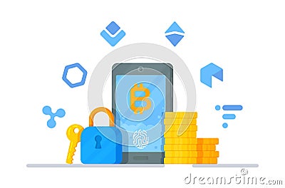 Concept of encryption, digital currency data encryption, security and protection of cryptocurrency. Vector Illustration