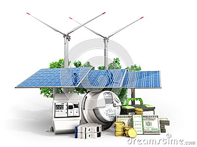 Concept of energy saving solar panels and a windmill near the me Stock Photo