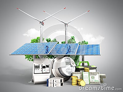 Concept of energy saving solar panels and a windmill near the me Stock Photo