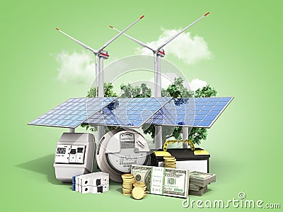 concept of energy saving solar panels and a windmill near the me Stock Photo