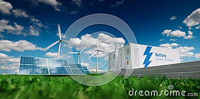 Concept of energy storage system. Renewable energy - photovoltaics, wind turbines and Li-ion battery container in fresh nature. 3 Stock Photo