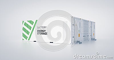 Concept of energy storage unit - multiple conected containers with batteries. Stock Photo