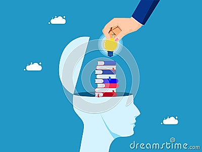 The concept of enhancing learning. A pile of books in a human head with a businessman hand holding a light bulb Vector Illustration