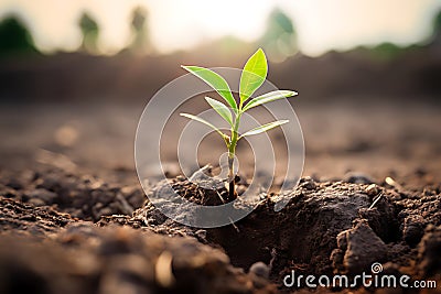 The concept of environmental restoration The growth of seedlings on cracked soil, cracked soil in the dry season affected by Stock Photo