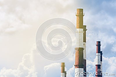 The concept of an environmentally friendly plant without harming the environment and nature. Industrial pipes against the sky Stock Photo
