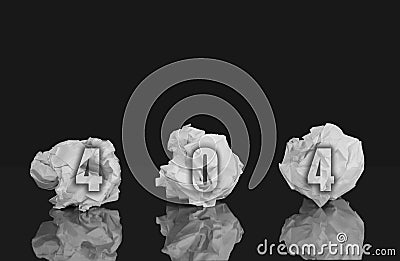 Concept of error 404. Three white crumpled sheets of paper with text on black isolated background with reflection Stock Photo