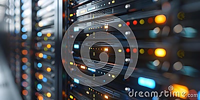 Concept of expanding server infrastructure with 3D render of multiple racks. Concept Server Stock Photo