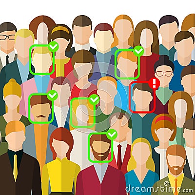 Concept of face identification. A crowd of people with ID marks on face. Face recognition system verifying suspect in Vector Illustration