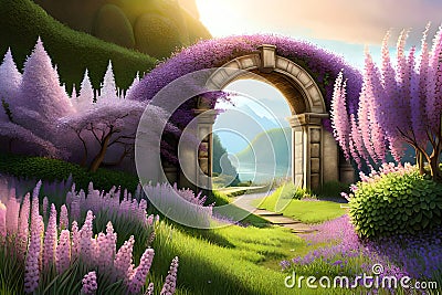 Fairytale Garden With Stone Arch And Lilacs. Fantasy Landscape, Lilac Bushes, Stone Arch, Portal, Entrance, Unreal . Generative AI Stock Photo