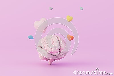 the concept of falling in love. the brain over which multi-colored hearts fly on a pastel background. 3D render Stock Photo