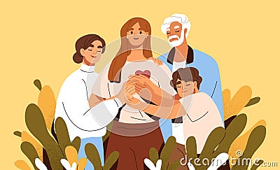 Concept of family support and care. Love and trust between woman and her parents. Happy mother, father, daughter and son Vector Illustration