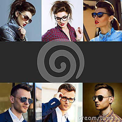 The concept fashion beauty female and male. Collage of young wo Stock Photo