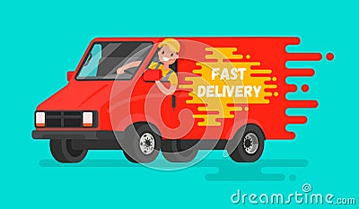 Concept of fast delivery of goods. The driver of the truck in a Cartoon Illustration