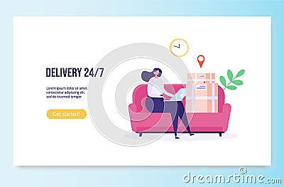 Concept of Fast and free delivery 24/7. Cartoon Illustration