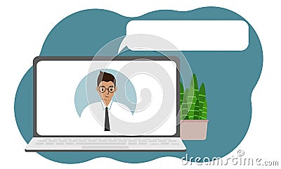 The concept of feedback, online consultation or support. Laptop with a picture of a male specialist. Vector Illustration