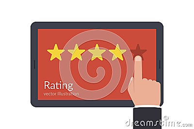 Concept of feedback. Stars on the tablet screen. The user puts an estimate or rating, leaves a review about the Vector Illustration