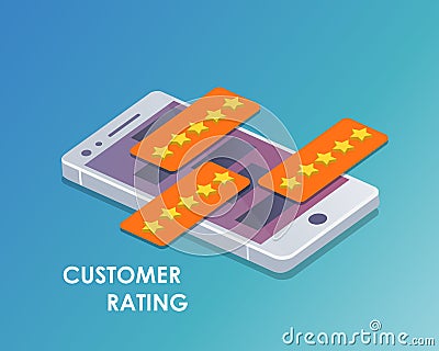 Concept of feedback, testimonials messages and notifications. Speech bubbles on mobile phone with review rating Vector Illustration