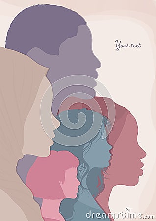 Silhouette profile group of multicultural women. International Women’s day. Female social community of diverse culture Vector Illustration