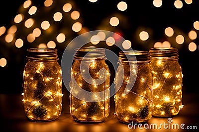 Festive Glow Captivating Christmas Mason Jar Lanterns.AI Generated Stock Photo