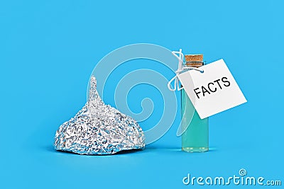 Concept for fighting conspiracy theories with facts with tinfoil hat and cure bottle with word `facts` Stock Photo