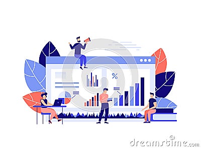 The concept of financial management, statistics and business report. Business illustrations, office workers study infographics, Vector Illustration