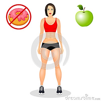 Concept with fit young woman in sportswear. Beautiful sports girl. Useful and harmful food. Vector illustration isolated Vector Illustration