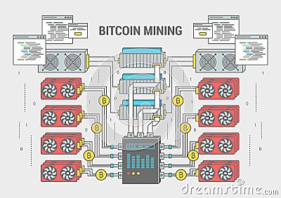 Concept flat banner scheme Bitcoin Mining Vector Illustration