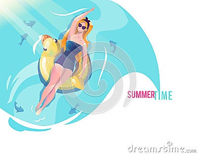 Concept in flat style with woman swimming with circle Vector Illustration