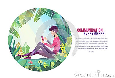 Concept in flat style. Young man sitting in park and chatting Vector Illustration