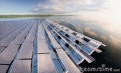 Concept of a floating solar panel array in beautifull calm morning lake with distant wild forest in background. Stock Photo