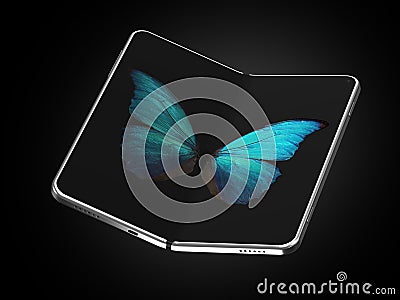 Concept of foldable smartphone folding on the longer side with butterfly image on screen. Flexible smartphone isolated on black Stock Photo