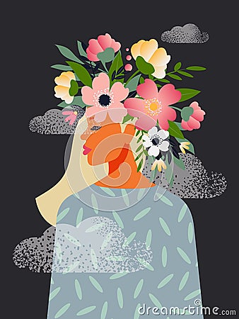 The concept of a free and positive mind, a blooming brain. A beautiful woman with flowers Vector Illustration