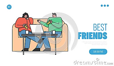 Concept Of Freelance Work, Friendship And Leisure. Website Landing Page. Couple Man And Woman Eating Pizza Vector Illustration