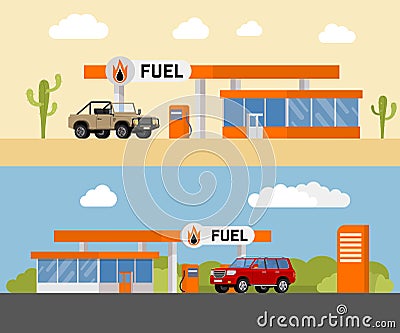 Concept fuel petrol station with a SUV car. Gas station and fuel pump with a shop. Vector illustration. Vector Illustration
